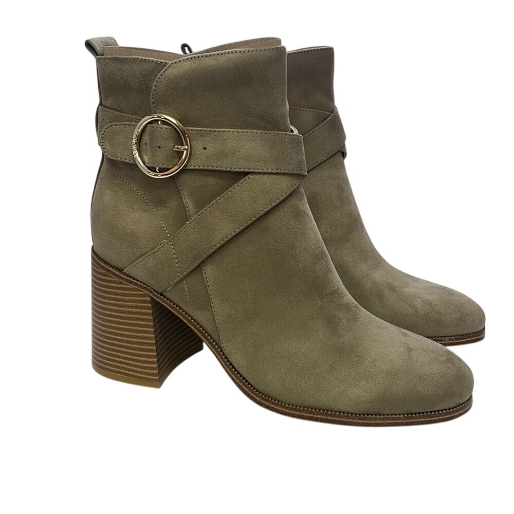 Nine West Taupe Suede Buckle Wrap Block Heel Ankle Boots‎ Womens 11M